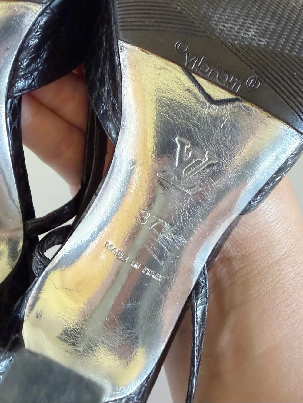 Louis Vuitton Slingback Pumps Black Snakeskin Crystal LV EU 37.5 US 7-7.5